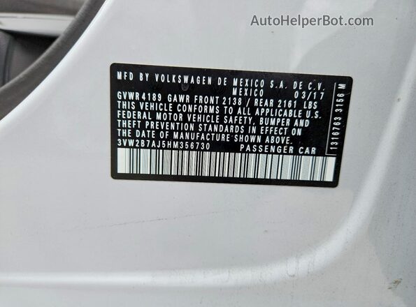 3VW2B7AJ5HM356730 2017 VOLKSWAGEN JETTA White Вид підкапотного простору