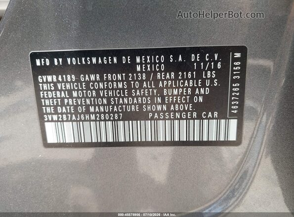 3VW2B7AJ6HM280287 2017 VOLKSWAGEN JETTA Gray Widok komory silnika