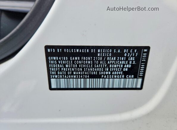 3VW2B7AJ6HM334784 2017 VOLKSWAGEN JETTA White VIN კოდის სტიკერის ხედი