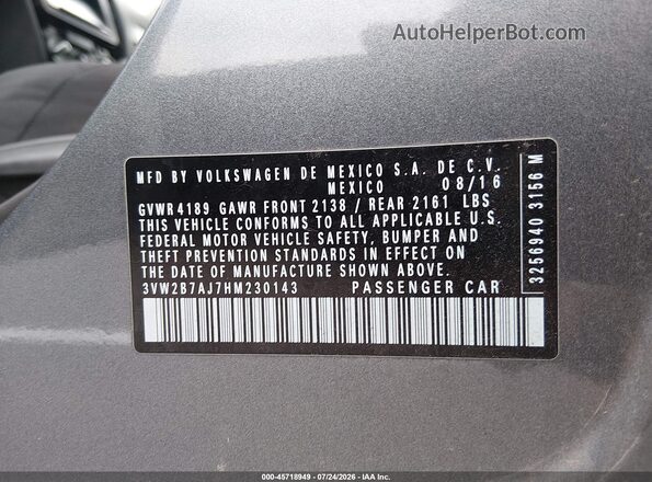 3VW2B7AJ7HM230143 2017 VOLKSWAGEN JETTA Серый Вид подкапотного пространства