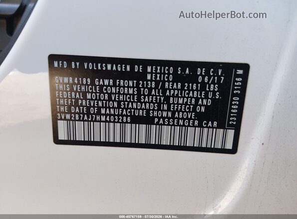 3VW2B7AJ7HM403286 2017 VOLKSWAGEN JETTA Белый Вид подкапотного пространства