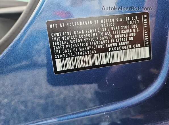 3VW2B7AJ7JM243545 2018 VOLKSWAGEN JETTA Blue VIN sticker view