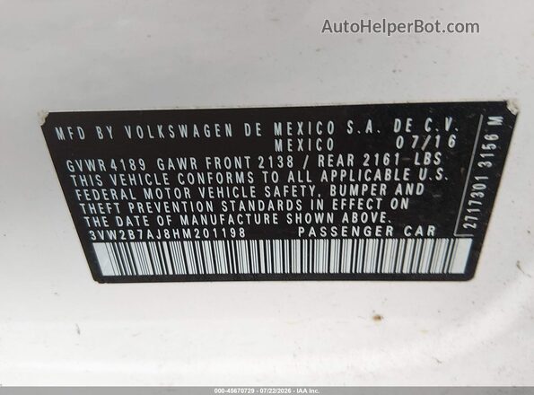 3VW2B7AJ8HM201198 2017 VOLKSWAGEN JETTA White Engine compartment view