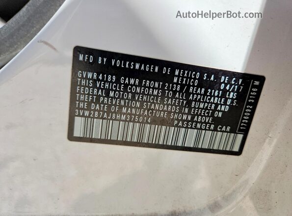 3VW2B7AJ8HM375014 2017 VOLKSWAGEN JETTA White Engine compartment view