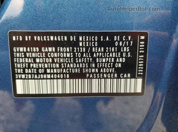 3VW2B7AJ9HM404018 2017 VOLKSWAGEN JETTA Blue VIN sticker view