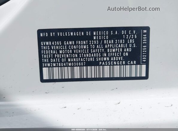 3VW2M7BU4TM030607 2026 VOLKSWAGEN JETTA White Շարժիչի բաժամունքի տեսք