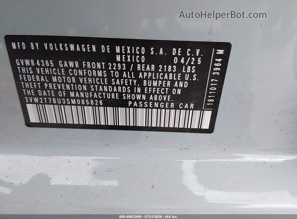 3VW2T7BU3SM085826 2025 VOLKSWAGEN JETTA Blue Շարժիչի բաժամունքի տեսք