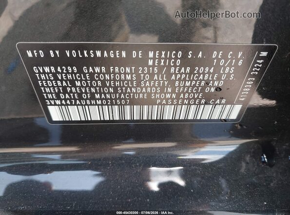 3VW447AU8HM021507 2017 VOLKSWAGEN GOLF Серый Вид подкапотного пространства