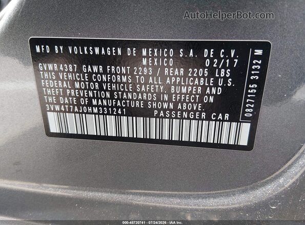 3VW4T7AJ0HM331241 2017 VOLKSWAGEN JETTA Серый Вид подкапотного пространства
