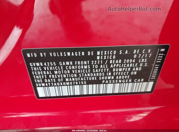 3VW4T7AUXHM076155 2017 VOLKSWAGEN GOLF Red Вид підкапотного простору