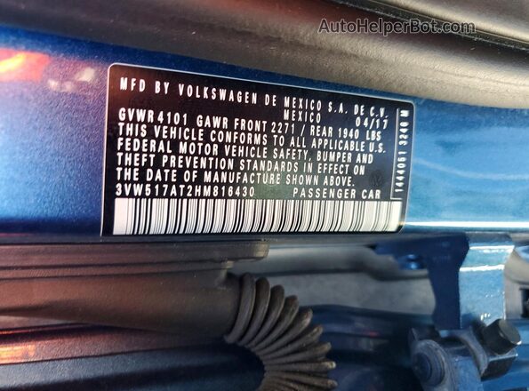 3VW517AT2HM816430 2017 VOLKSWAGEN BEETLE Blue Вид наклейки з VIN-кодом