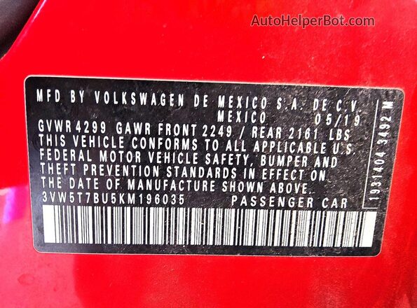 3VW5T7BU5KM196035 2019 VOLKSWAGEN JETTA Red Widok komory silnika