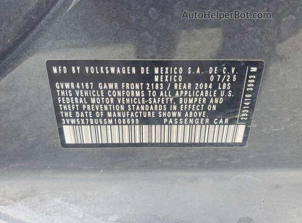 3VW5X7BU5SM108699 2025 VOLKSWAGEN JETTA Gray Widok komory silnika