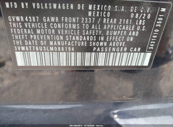 3VW6T7BU3LM088194 2020 VOLKSWAGEN JETTA Black ძრავის განყოფილების ხედი