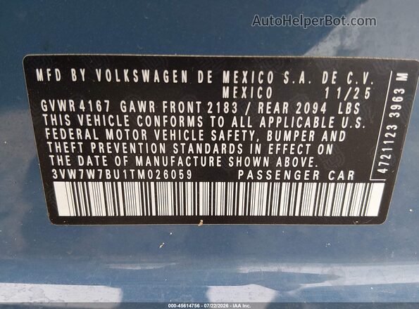 3VW7W7BU1TM026059 2026 VOLKSWAGEN JETTA Blue Engine compartment view
