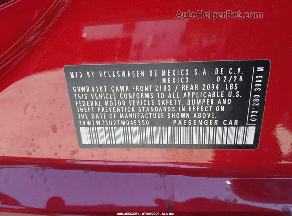 3VW7W7BU2TM045350 2026 VOLKSWAGEN JETTA Red Շարժիչի բաժամունքի տեսք