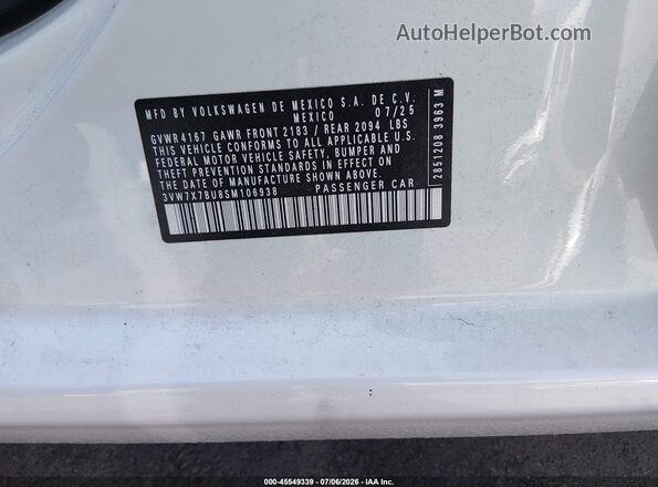 3VW7X7BU8SM106938 2025 VOLKSWAGEN JETTA White Вид підкапотного простору