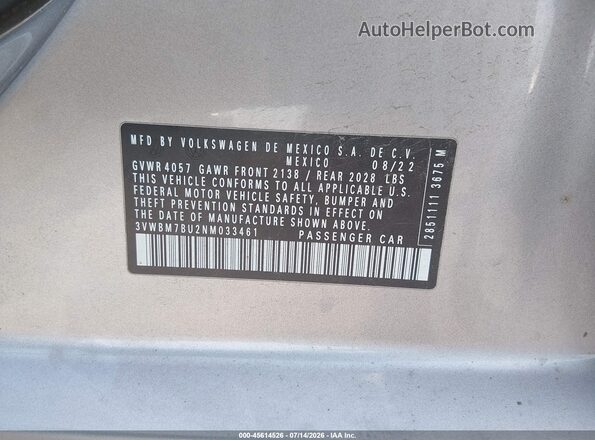 3VWBM7BU2NM033461 2022 VOLKSWAGEN JETTA Silver Engine compartment view