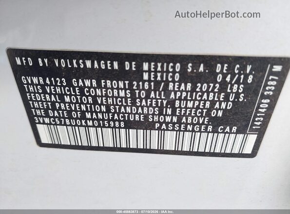 3VWC57BU0KM015988 2019 VOLKSWAGEN JETTA Blue Շարժիչի բաժամունքի տեսք