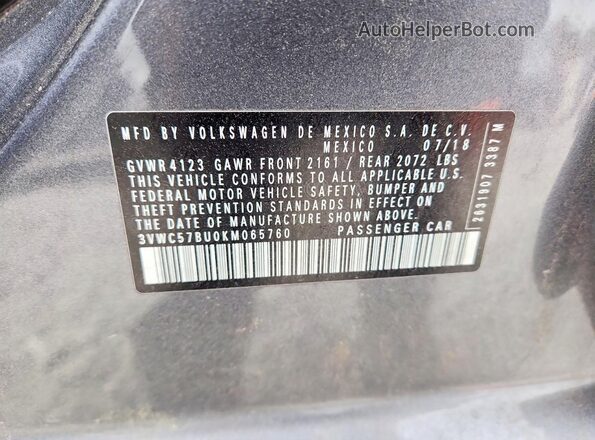 3VWC57BU0KM065760 2019 VOLKSWAGEN JETTA Silver VIN კოდის სტიკერის ხედი