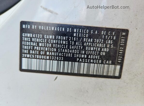 3VWC57BU0KM132633 2019 VOLKSWAGEN JETTA White Вид підкапотного простору