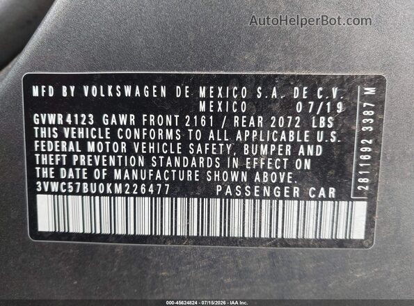 3VWC57BU0KM226477 2019 VOLKSWAGEN JETTA Gray Engine compartment view