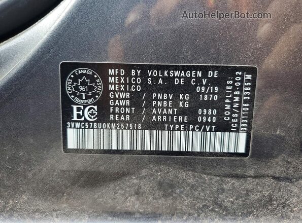 3VWC57BU0KM257518 2019 VOLKSWAGEN JETTA Gray Вид наклейки з VIN-кодом