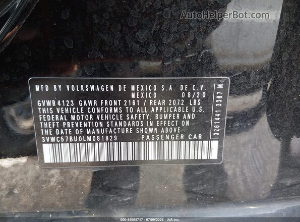 3VWC57BU0LM081829 2020 VOLKSWAGEN JETTA Black Շարժիչի բաժամունքի տեսք