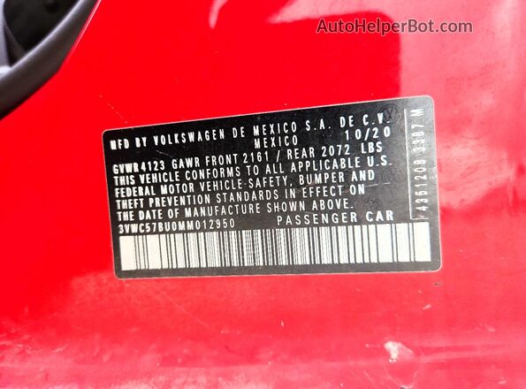 3VWC57BU0MM012950 2021 VOLKSWAGEN JETTA Red VIN sticker view