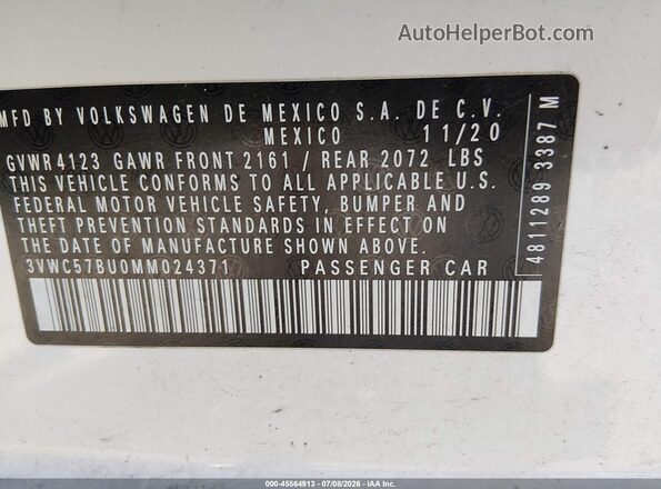 3VWC57BU0MM024371 2021 VOLKSWAGEN JETTA White ძრავის განყოფილების ხედი