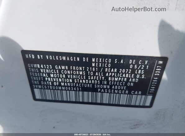 3VWC57BU0MM063431 2021 VOLKSWAGEN JETTA Белый Вид подкапотного пространства