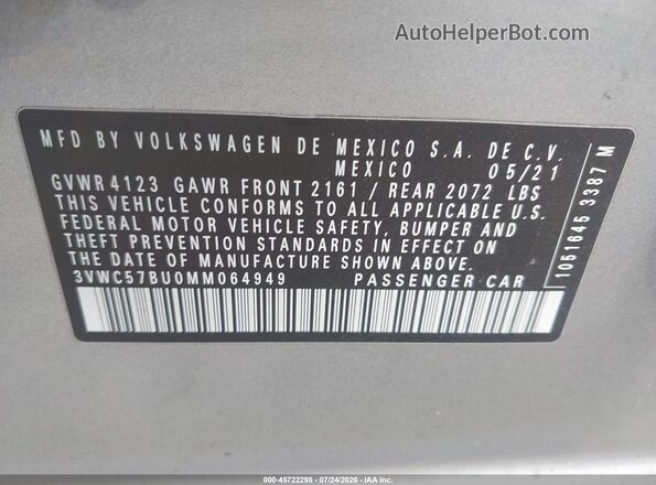 3VWC57BU0MM064949 2021 VOLKSWAGEN JETTA Silver ძრავის განყოფილების ხედი