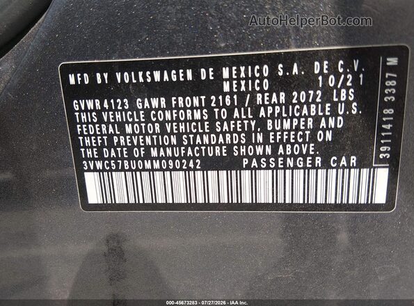 3VWC57BU0MM090242 2021 VOLKSWAGEN JETTA Gray Engine compartment view
