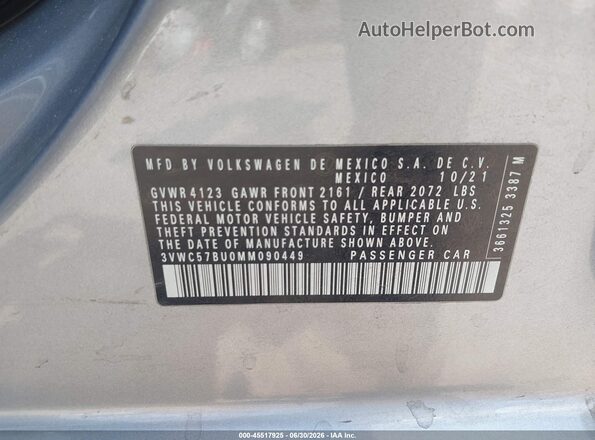 3VWC57BU0MM090449 2021 VOLKSWAGEN JETTA Silver Widok komory silnika