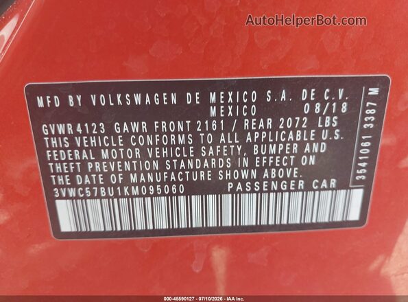 3VWC57BU1KM095060 2019 VOLKSWAGEN JETTA Orange Vista del compartimento del motor