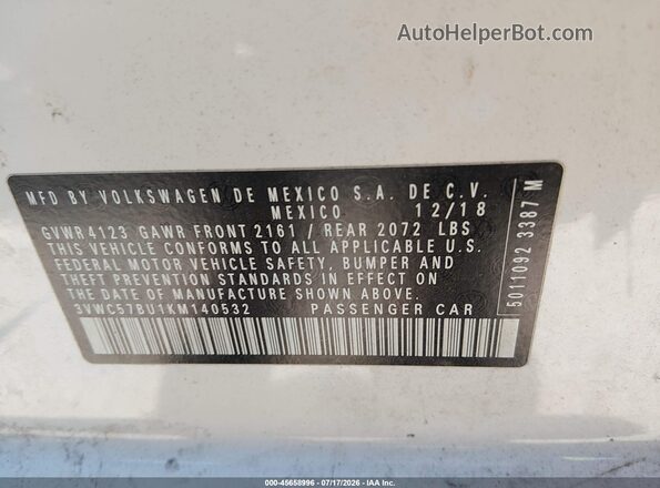 3VWC57BU1KM140532 2019 VOLKSWAGEN JETTA Белый Вид подкапотного пространства