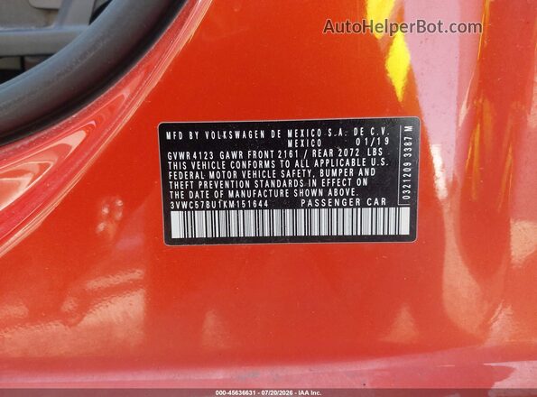 3VWC57BU1KM151644 2019 VOLKSWAGEN JETTA Orange ძრავის განყოფილების ხედი