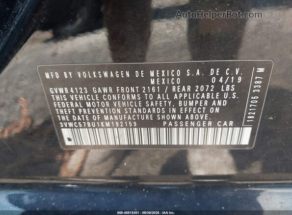 3VWC57BU1KM192159 2019 VOLKSWAGEN JETTA Black Engine compartment view