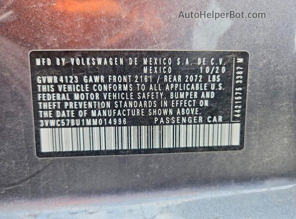 3VWC57BU1MM014996 2021 VOLKSWAGEN JETTA Gray Widok naklejki z numerem VIN