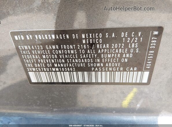 3VWC57BU1MM103662 2021 VOLKSWAGEN JETTA Серый Вид подкапотного пространства