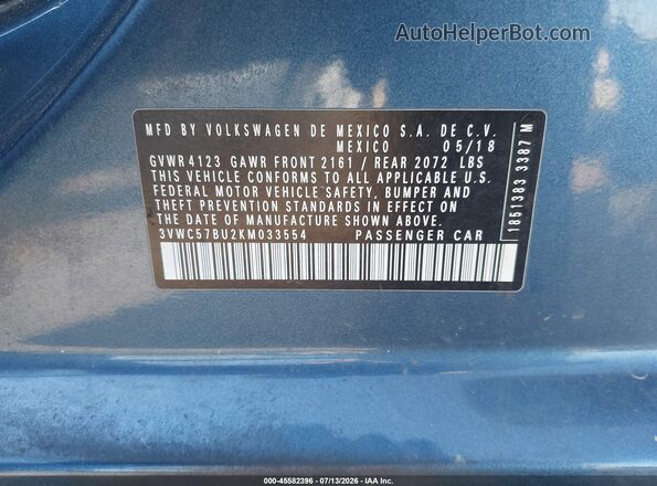 3VWC57BU2KM033554 2019 VOLKSWAGEN JETTA Blue Vista del compartimento del motor