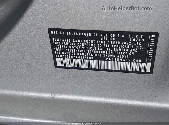 3VWC57BU2KM274580 2019 VOLKSWAGEN JETTA Silver Vista del compartimento del motor
