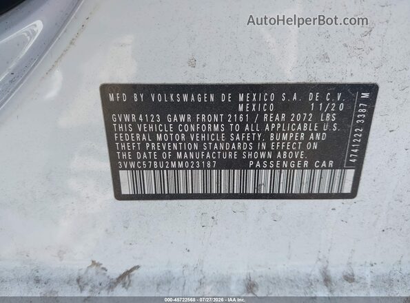 3VWC57BU2MM023187 2021 VOLKSWAGEN JETTA White ძრავის განყოფილების ხედი