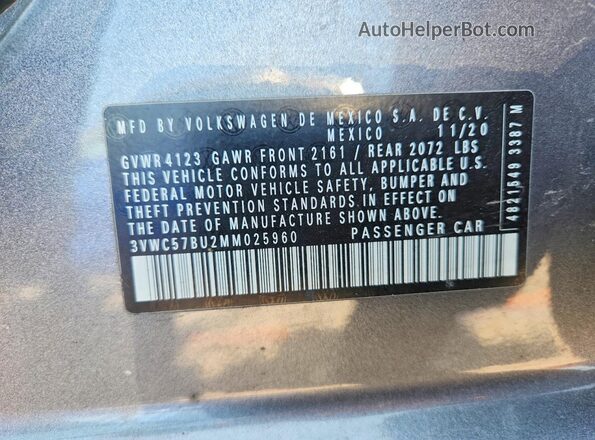 3VWC57BU2MM025960 2021 VOLKSWAGEN JETTA Blue ძრავის განყოფილების ხედი