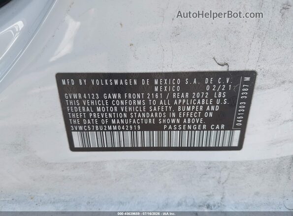 3VWC57BU2MM042919 2021 VOLKSWAGEN JETTA White Շարժիչի բաժամունքի տեսք