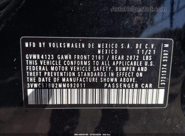 3VWC57BU2MM092011 2021 VOLKSWAGEN JETTA Черный Вид подкапотного пространства