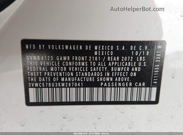 3VWC57BU3KM267041 2019 VOLKSWAGEN JETTA White Vista del compartimento del motor