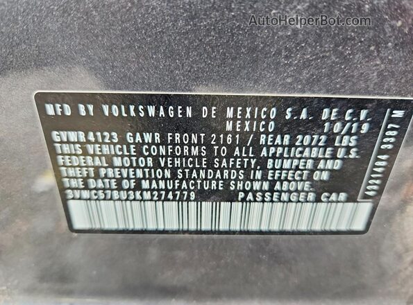 3VWC57BU3KM274779 2019 VOLKSWAGEN JETTA Серый Вид наклейки с VIN-кодом