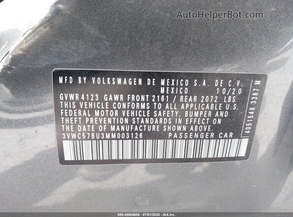 3VWC57BU3MM003126 2021 VOLKSWAGEN JETTA Gray Շարժիչի բաժամունքի տեսք