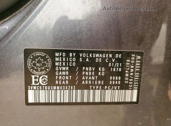 3VWC57BU3MM034263 2021 VOLKSWAGEN JETTA Gray Vista de la etiqueta del VIN